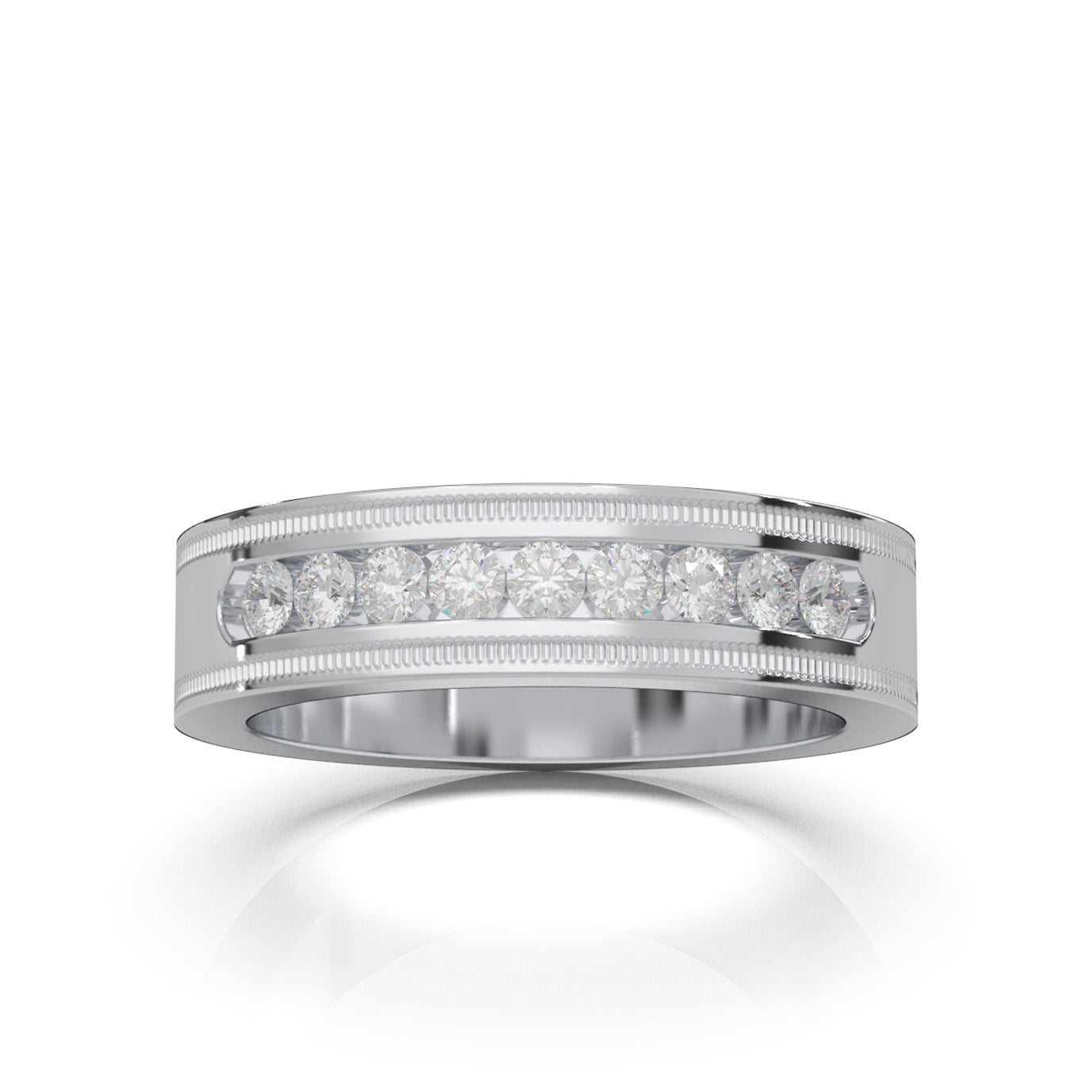 0.60 ct Moissanite Round Cut 9 Stone Mens Channel Wedding Band in 14k White Gold