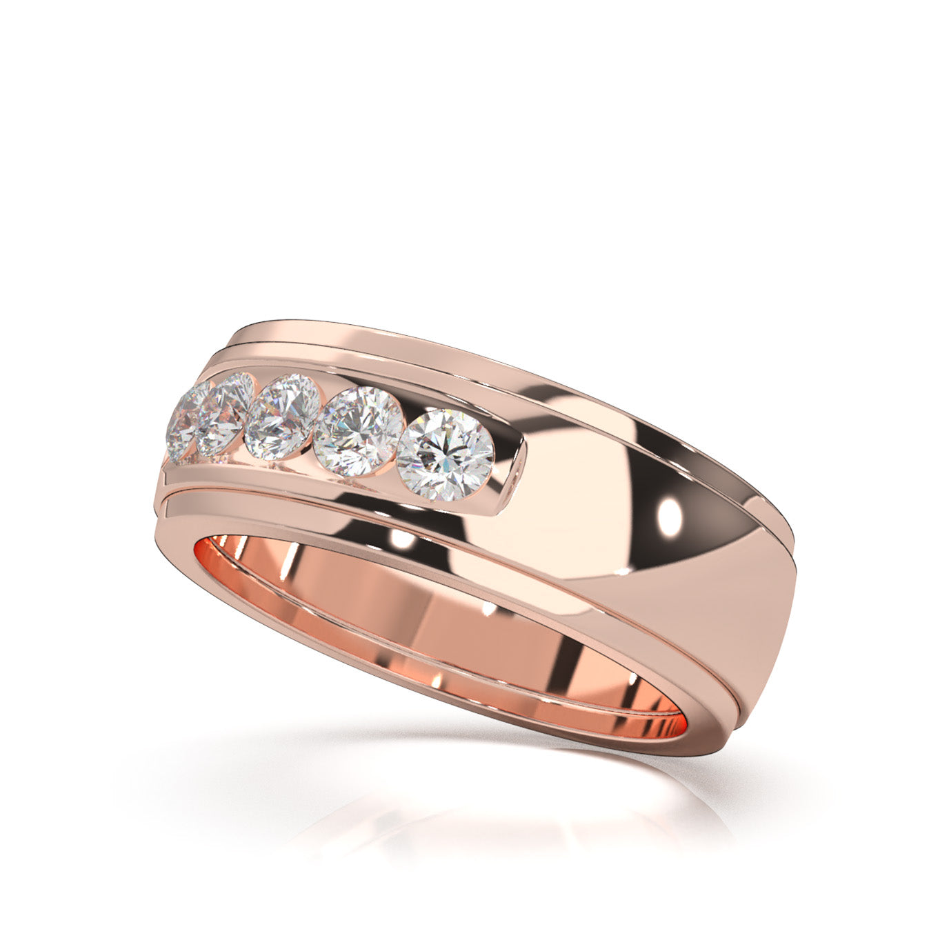 0.85 ct Moissanite 5 Stone Channel Mens Wedding Band in 14k Rose Gold