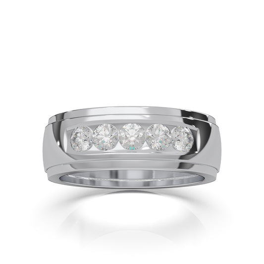 0.85 ct Moissanite 5 Stone Channel Mens Wedding Band in 10k White Gold