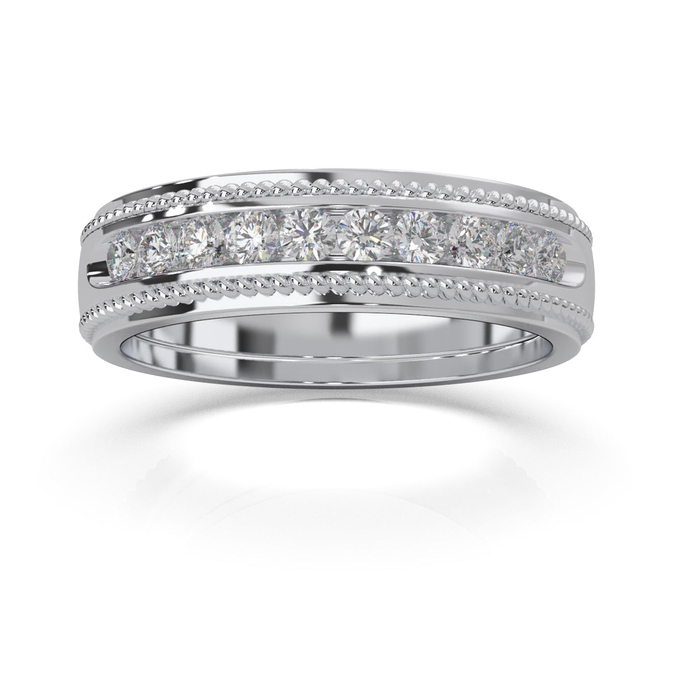0.60 ct Moissanite Round Cut Channel Set Rope Accent Wedding Band in 14k White Gold