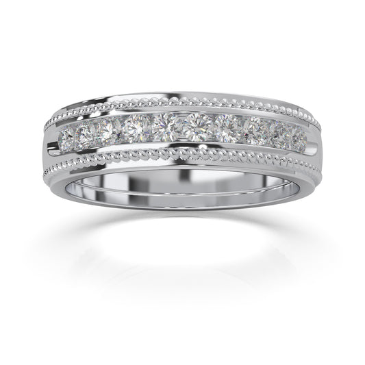 0.60 ct Moissanite Round Cut Channel Set Rope Accent Wedding Band in 10k White Gold