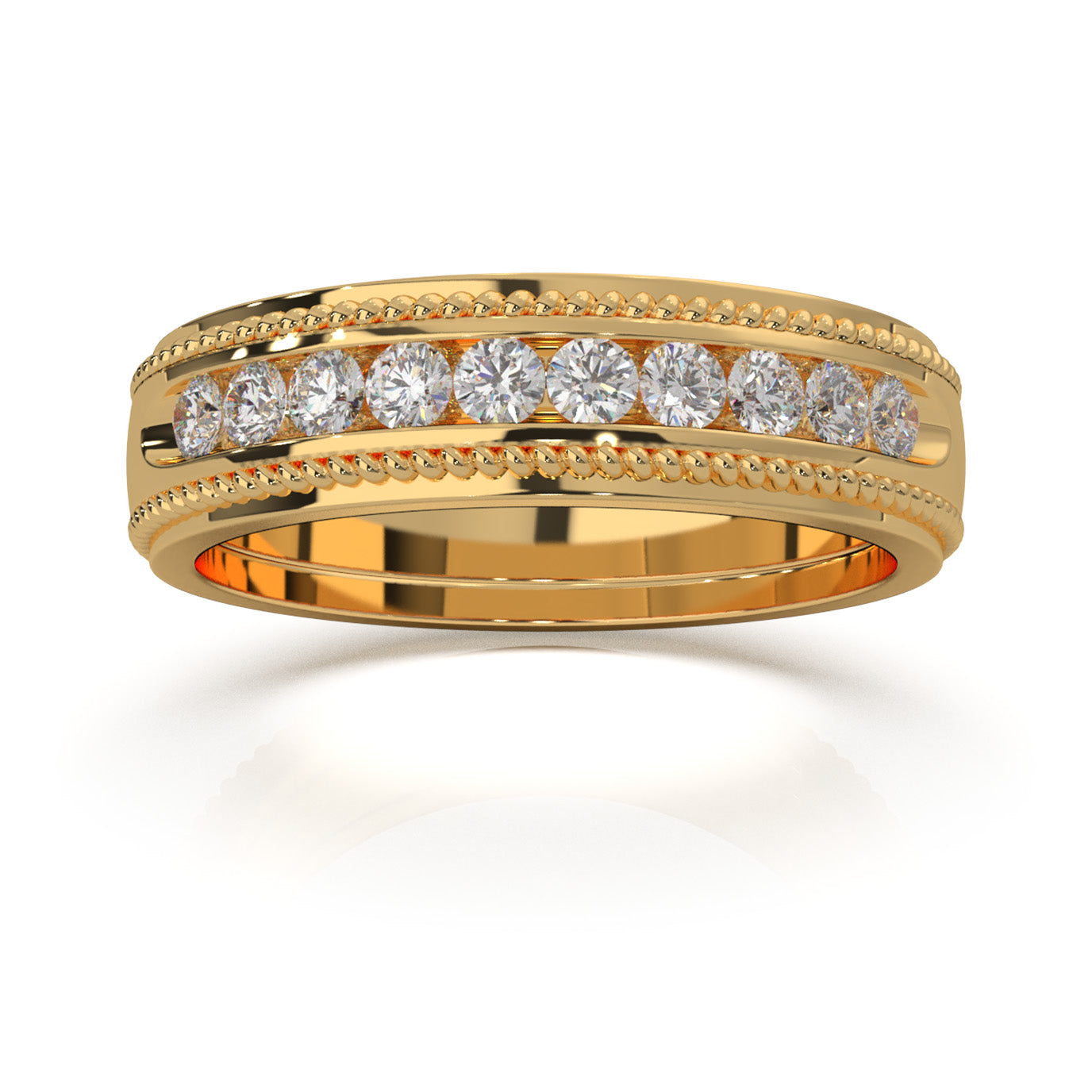 0.60 ct Moissanite Round Cut Channel Set Rope Accent Wedding Band in 14k Yellow Gold