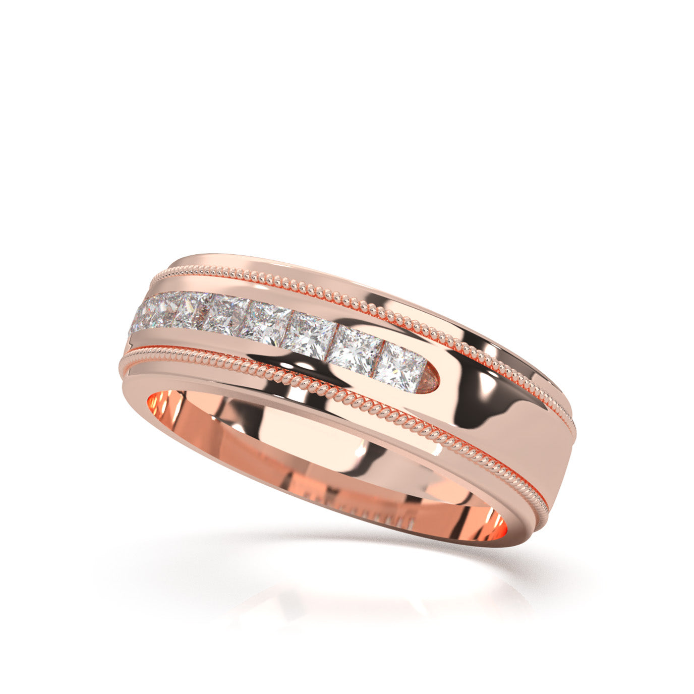 0.75 ct Moissanite Princess Cut Raised Center Rope Accent Mens Band in 10k Rose Gold