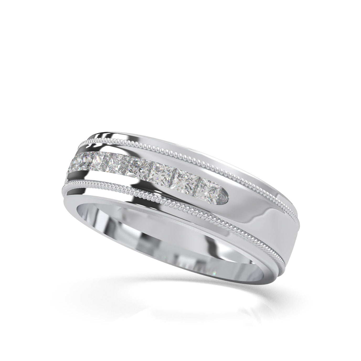 0.75 ct Moissanite Princess Cut Raised Center Rope Accent Mens Band in 14k White Gold
