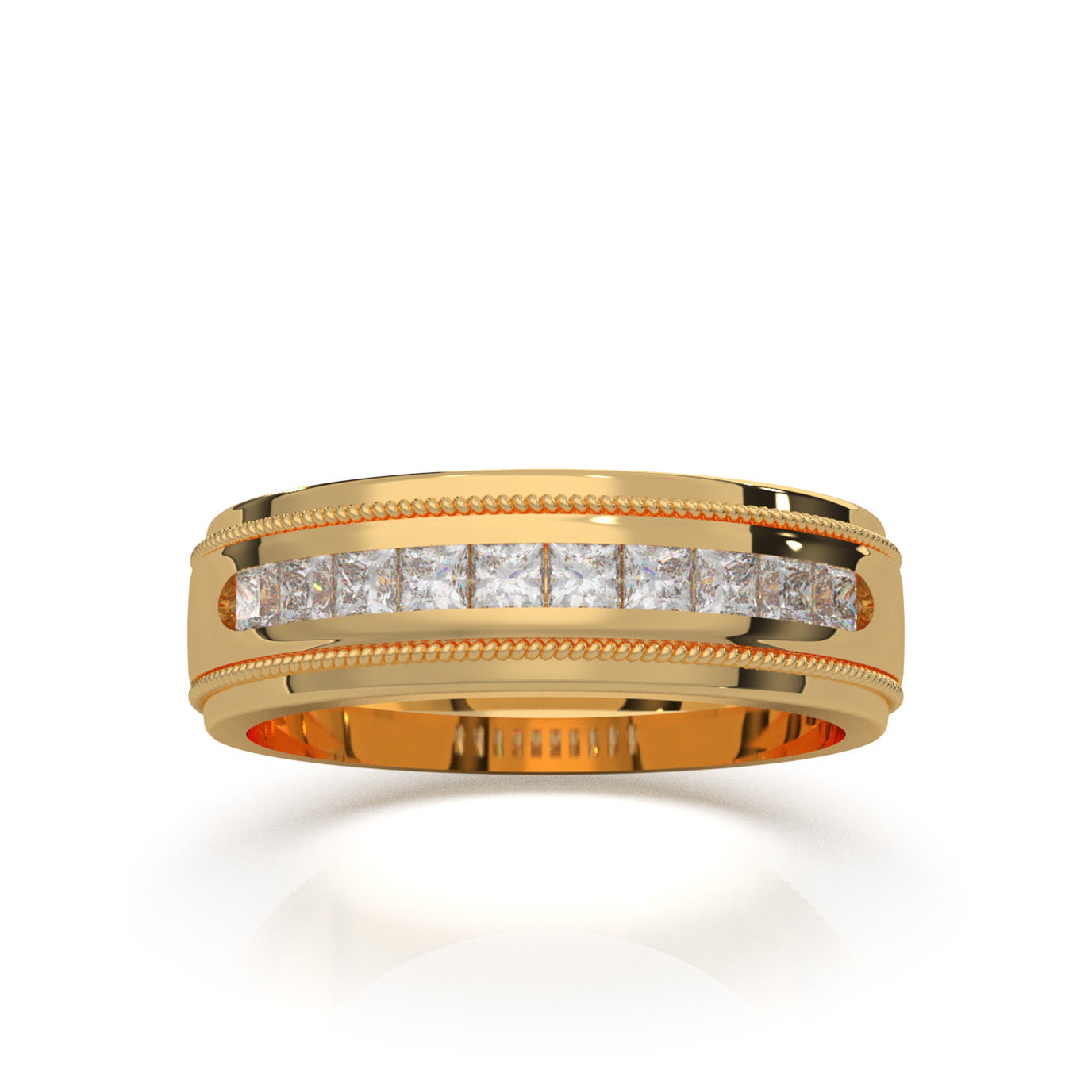 0.75 ct Natural Diamond Princess Cut Raised Center Rope Accent Mens Band in 10k Yellow Gold