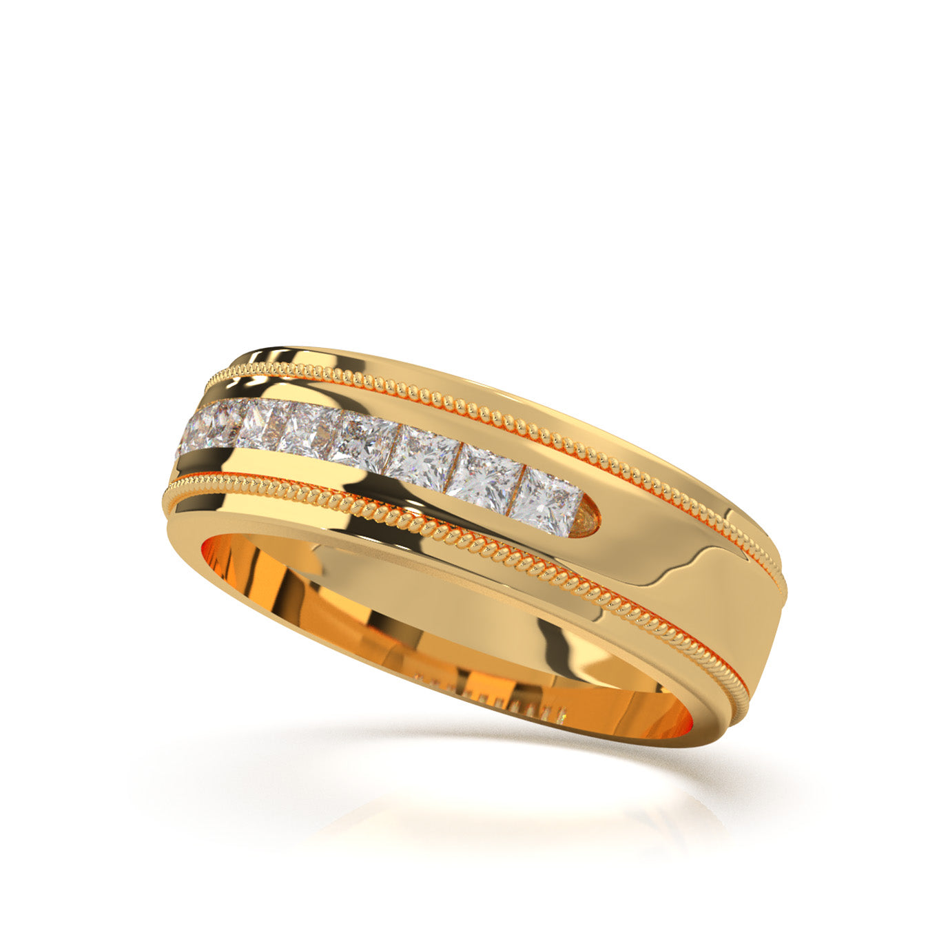 0.75 ct Moissanite Princess Cut Raised Center Rope Accent Mens Band in 10k Yellow Gold