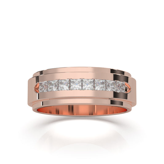 0.80 ct Moissanite Princess Cut Raised Center Mens Wedding Band in 14k Rose Gold