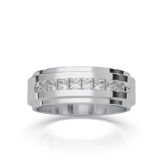 0.80 ct Natural Diamond Princess Cut Raised Center Mens Wedding Band in 10k White Gold