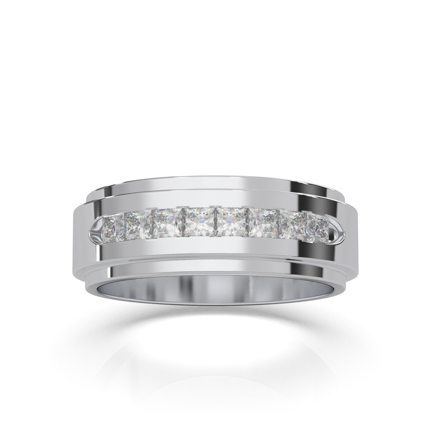 0.80 ct Moissanite Princess Cut Raised Center Mens Wedding Band in 14k White Gold
