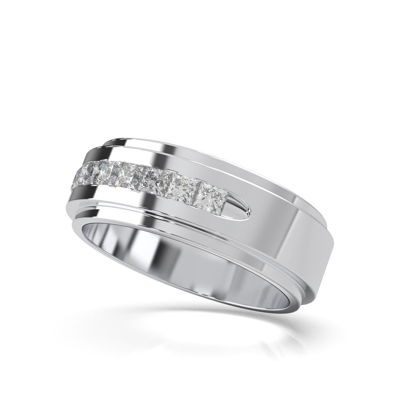 0.80 ct Moissanite Princess Cut Raised Center Mens Wedding Band in 10k White Gold