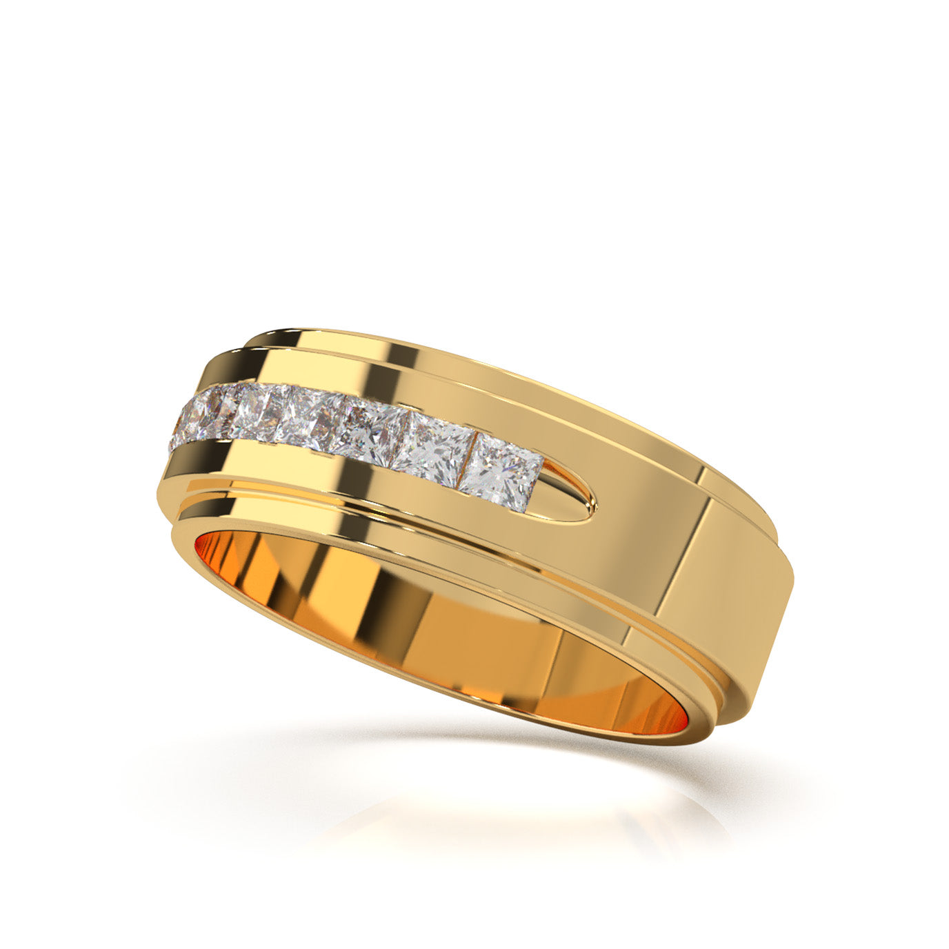 0.80 ct Moissanite Princess Cut Raised Center Mens Wedding Band in 10k Yellow Gold