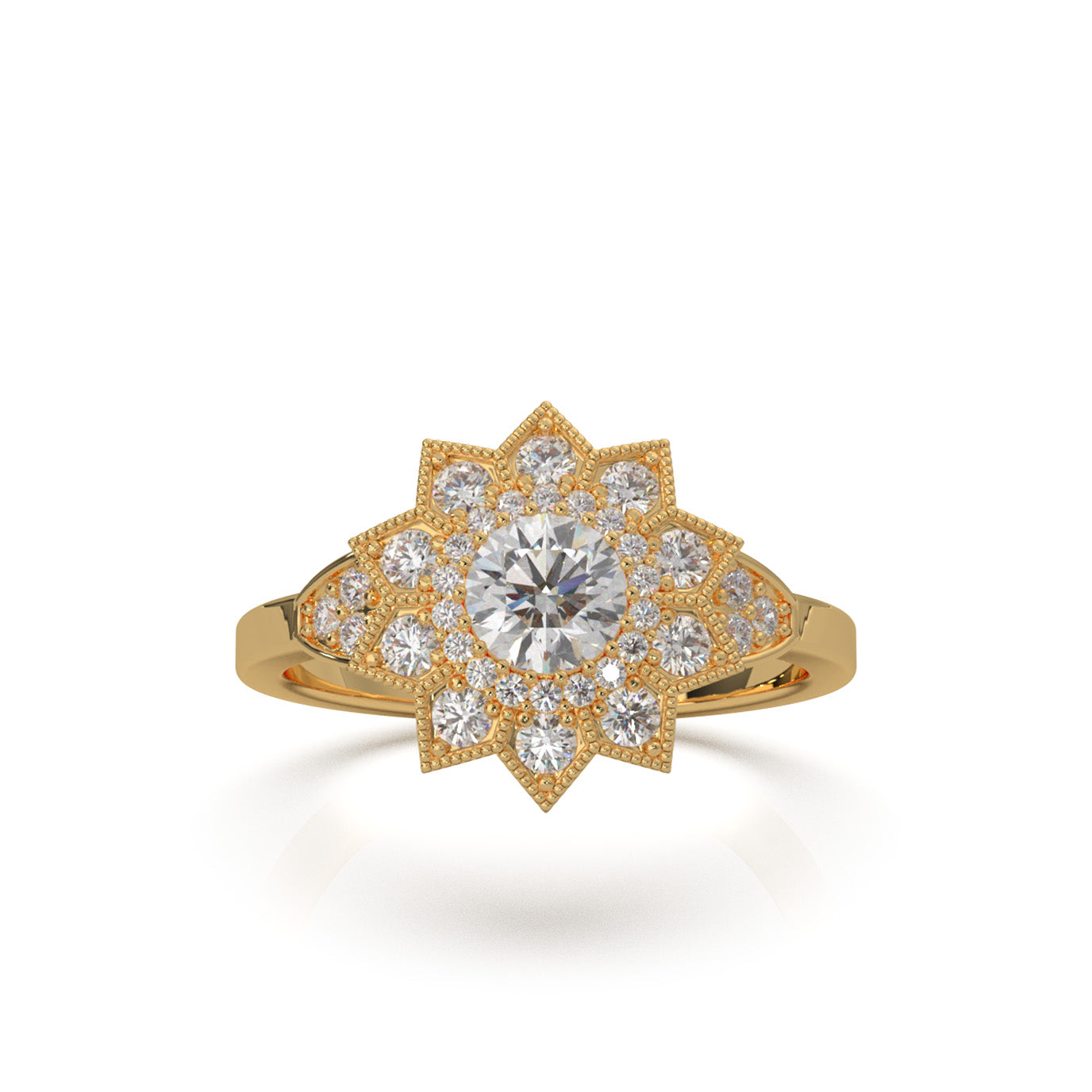 1.00 ct Lab Grown Diamond Round Cut Star Halo Engagement Ring in 14k Yellow Gold