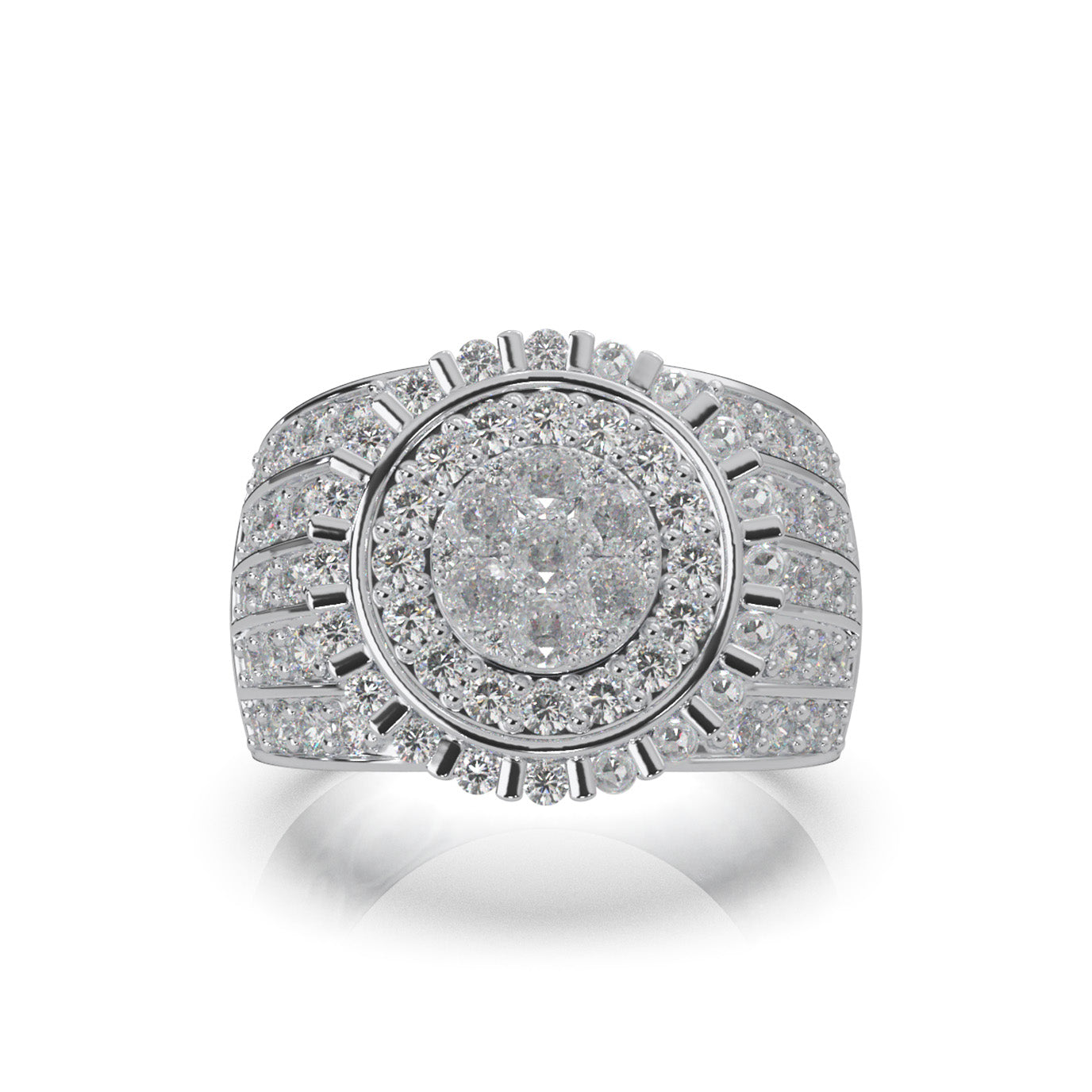 2.90 ct Moissanite Round Custer Bar Set Halo Mens Ring in 10k White Gold