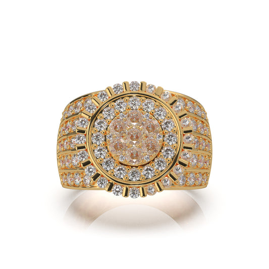 2.90 ct Moissanite Round Custer Bar Set Halo Mens Ring in 14k Yellow Gold