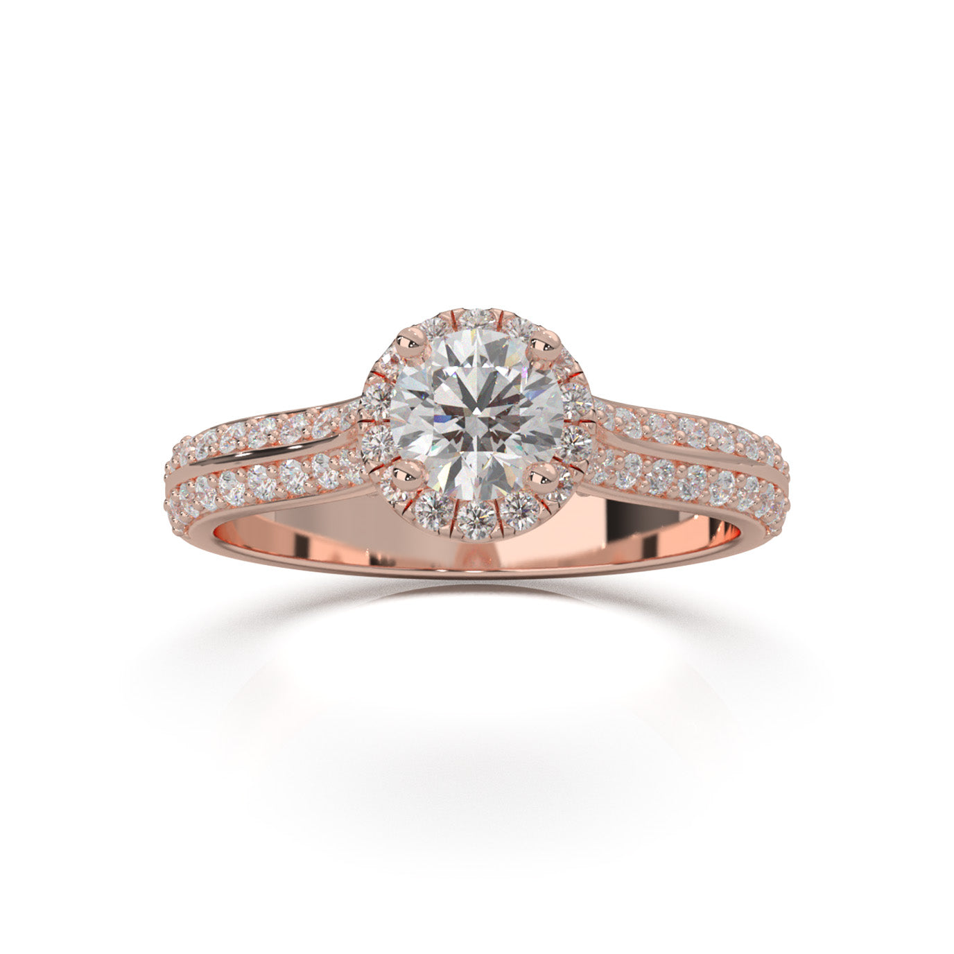 1.20 ct Moissanite Round Cut Under Halo Engagement Ring in 14k Rose Gold