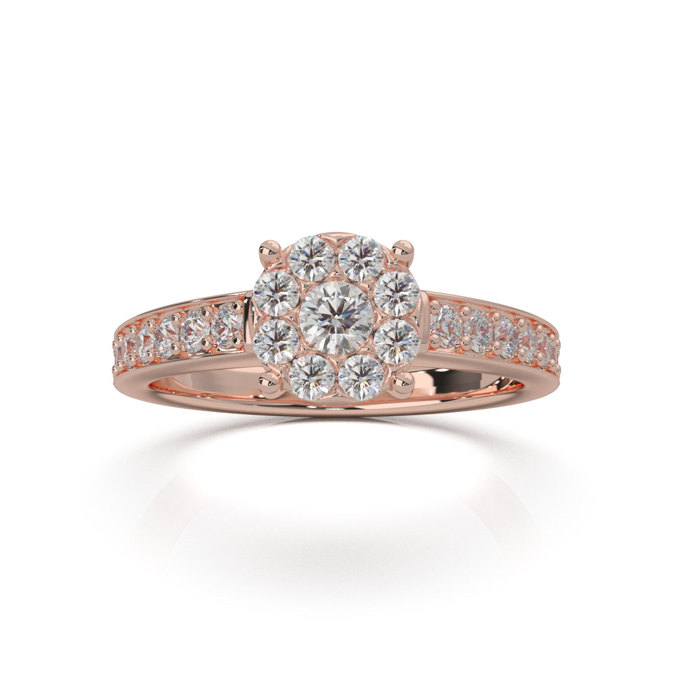 0.85 ct Moissanite Round Halo Engagement Ring in 14k Rose Gold