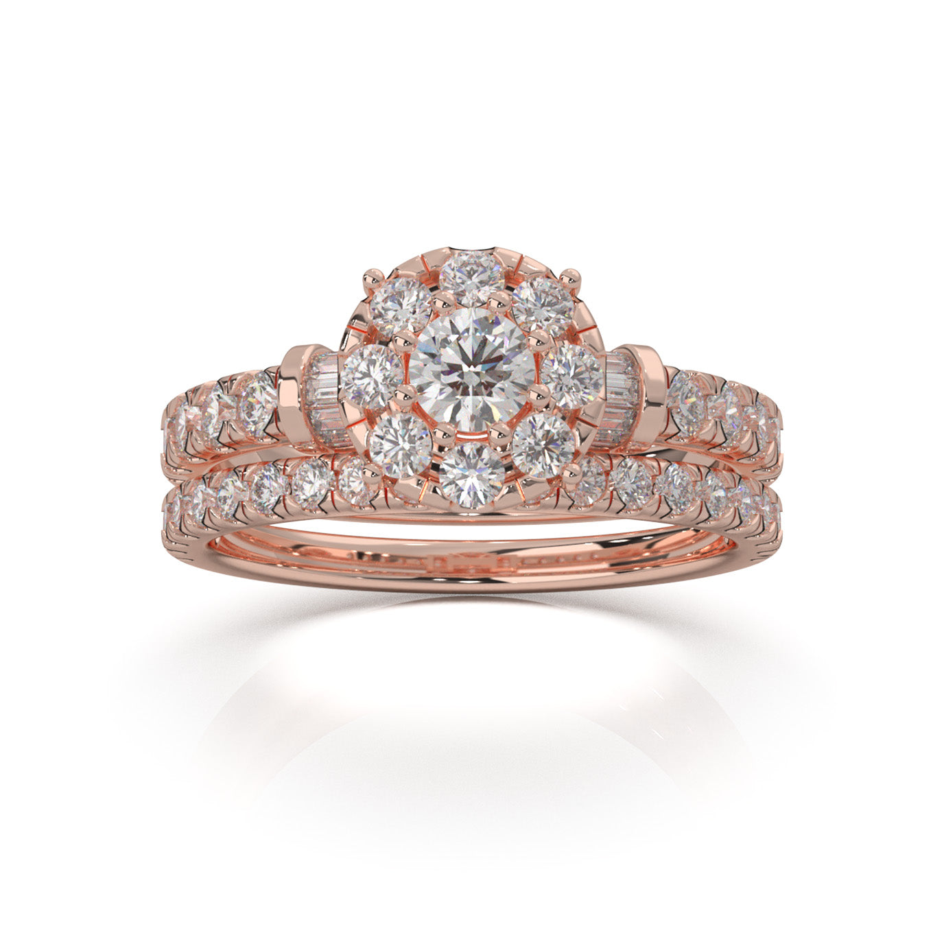 1.40 ct Moissanite Round Halo Baguette Accent Engagement Set in 10k Rose Gold