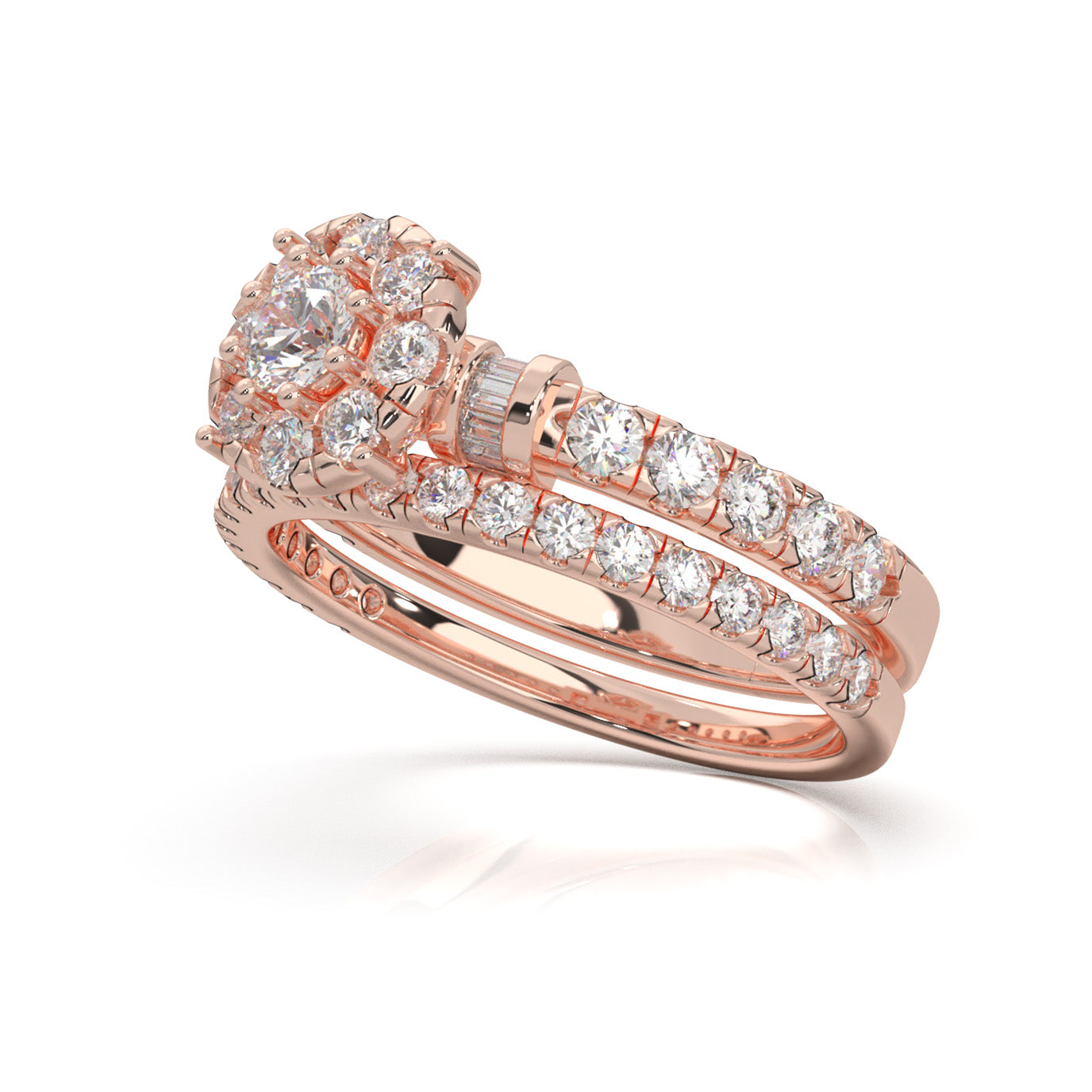 1.40 ct Natural Diamond Round Halo Baguette Accent Engagement Set in 14k Rose Gold