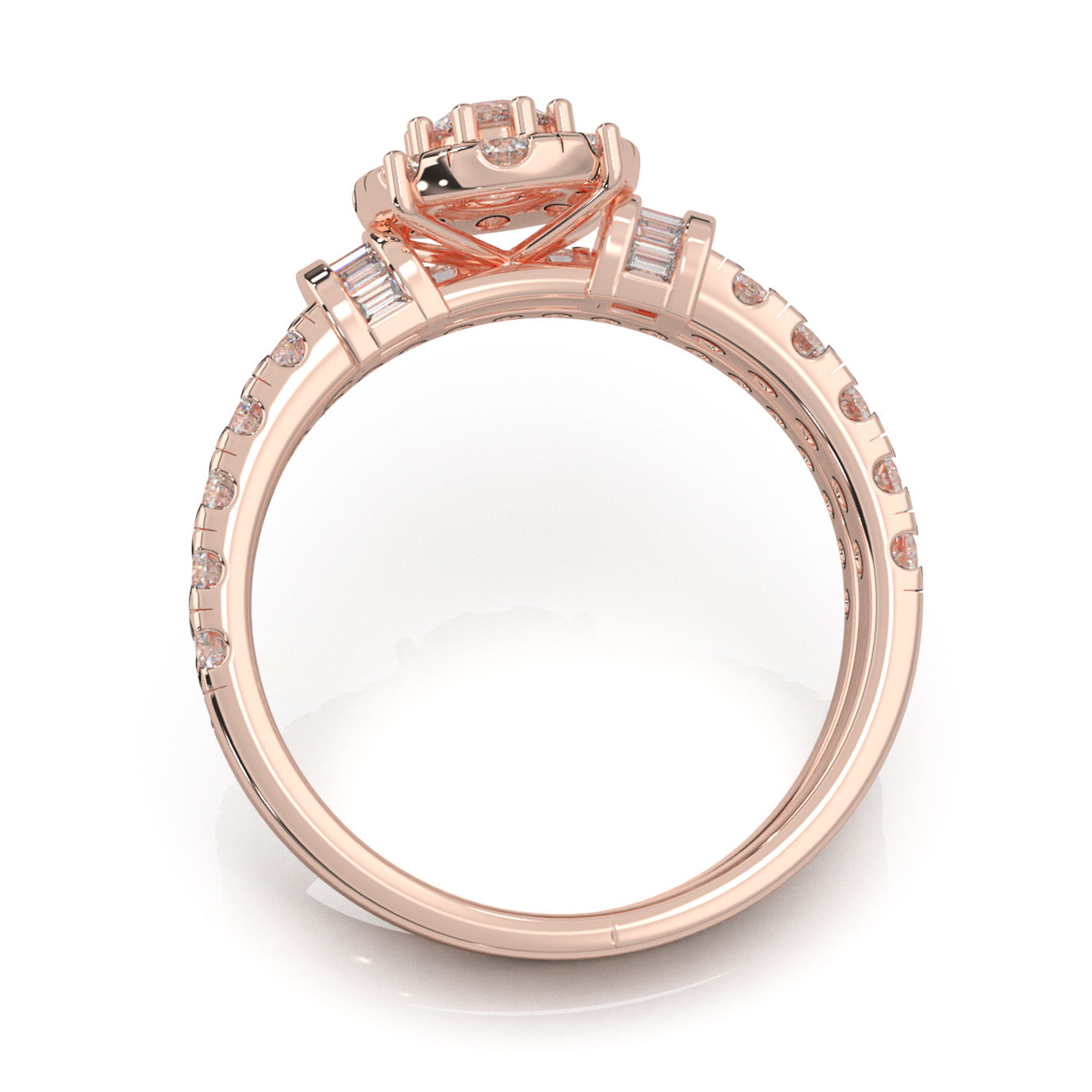1.40 ct Moissanite Round Halo Baguette Accent Engagement Set in 14k Rose Gold