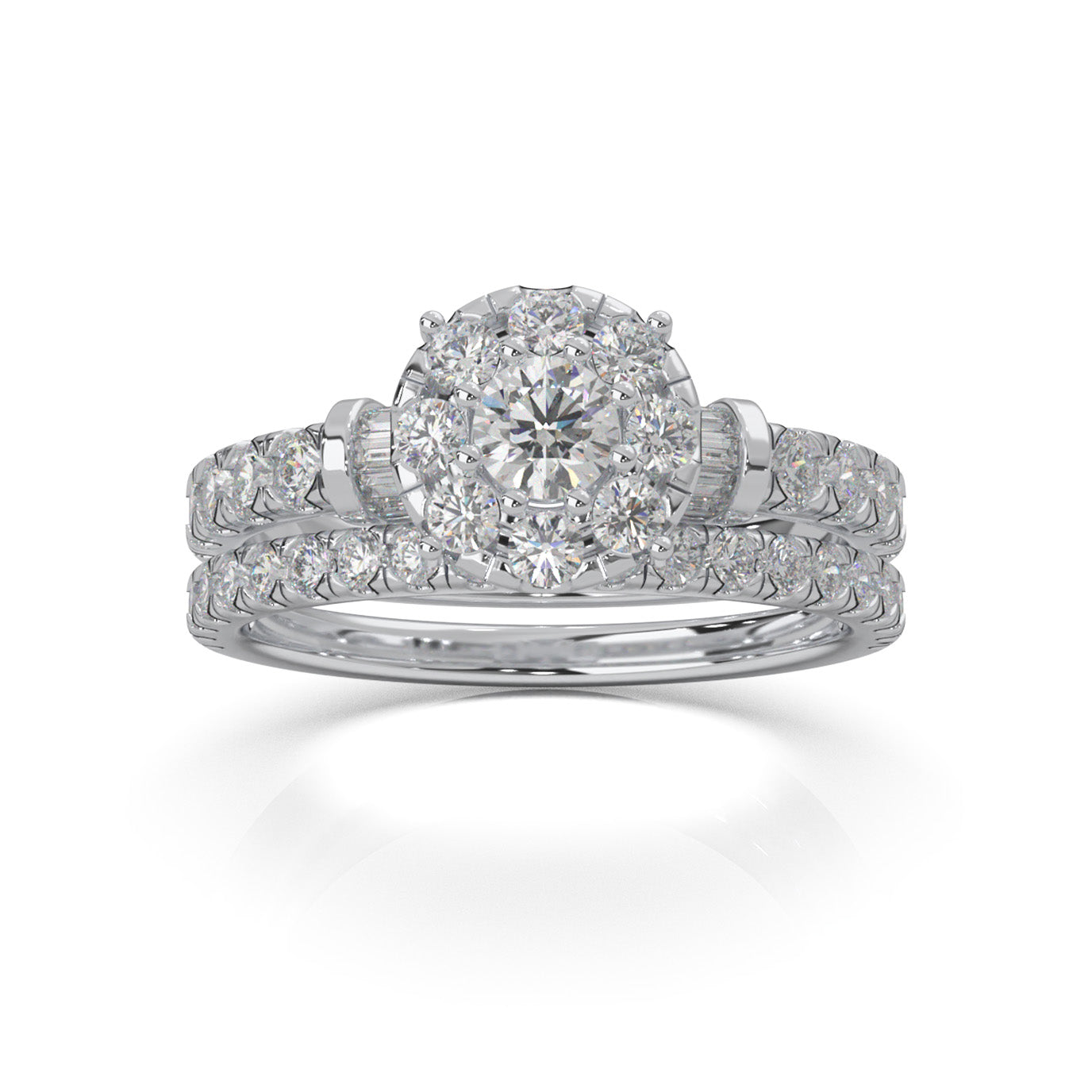 1.40 ct Natural Diamond Round Halo Baguette Accent Engagement Set in 10k White Gold
