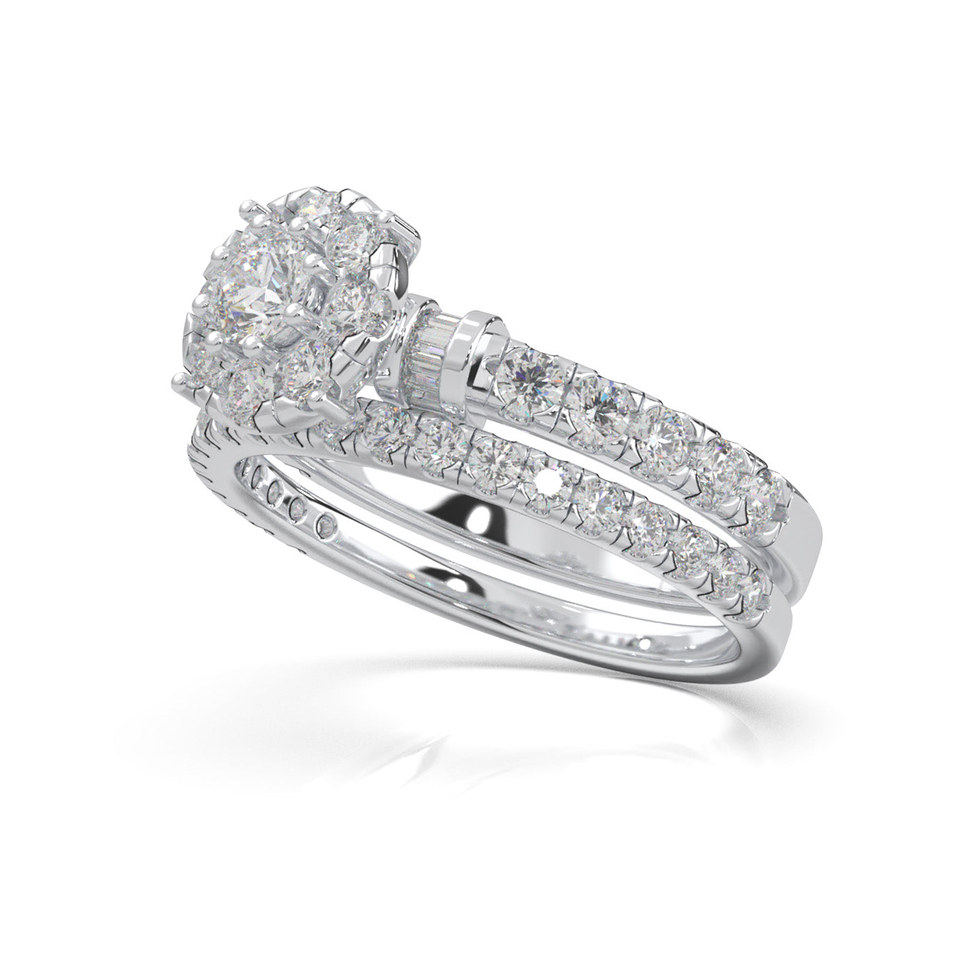 1.40 ct Moissanite Round Halo Baguette Accent Engagement Set in 10k White Gold