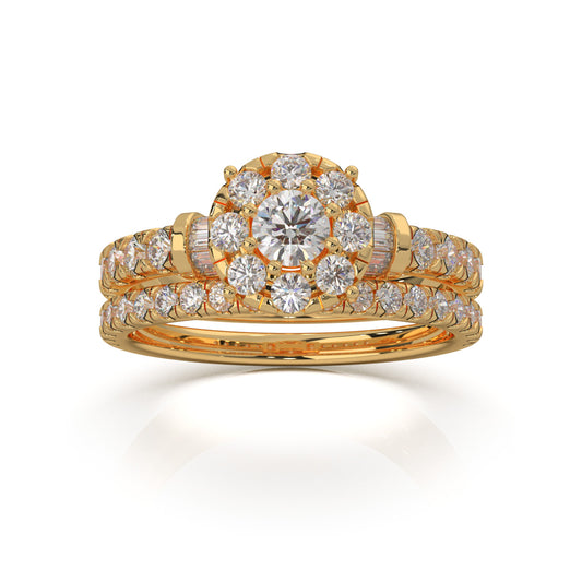 1.40 ct Moissanite Round Halo Baguette Accent Engagement Set in 14k Yellow Gold