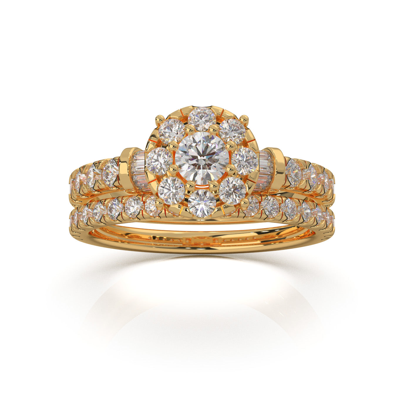 1.40 ct Natural Diamond Round Halo Baguette Accent Engagement Set in 10k Yellow Gold