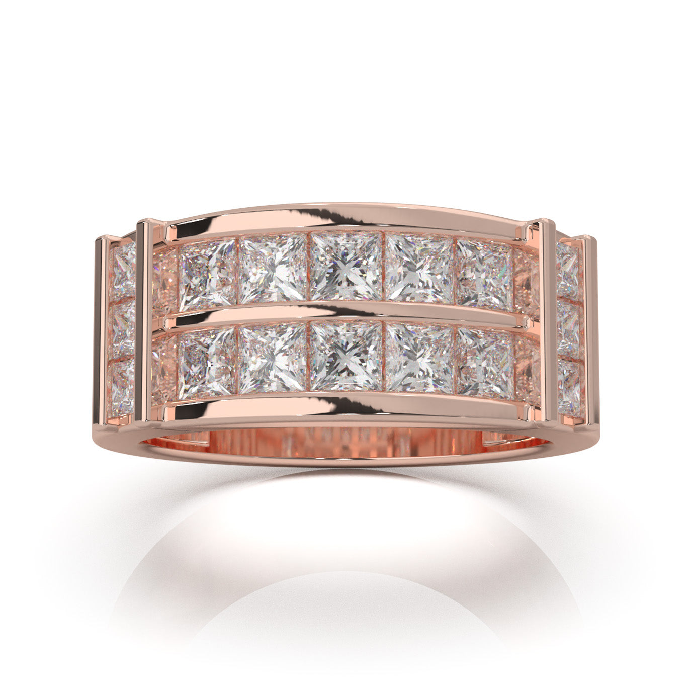 2.70 ct Lab Grown Diamond Dual Row Princess Cut Mens Wedding Band in 14k Rose Gold