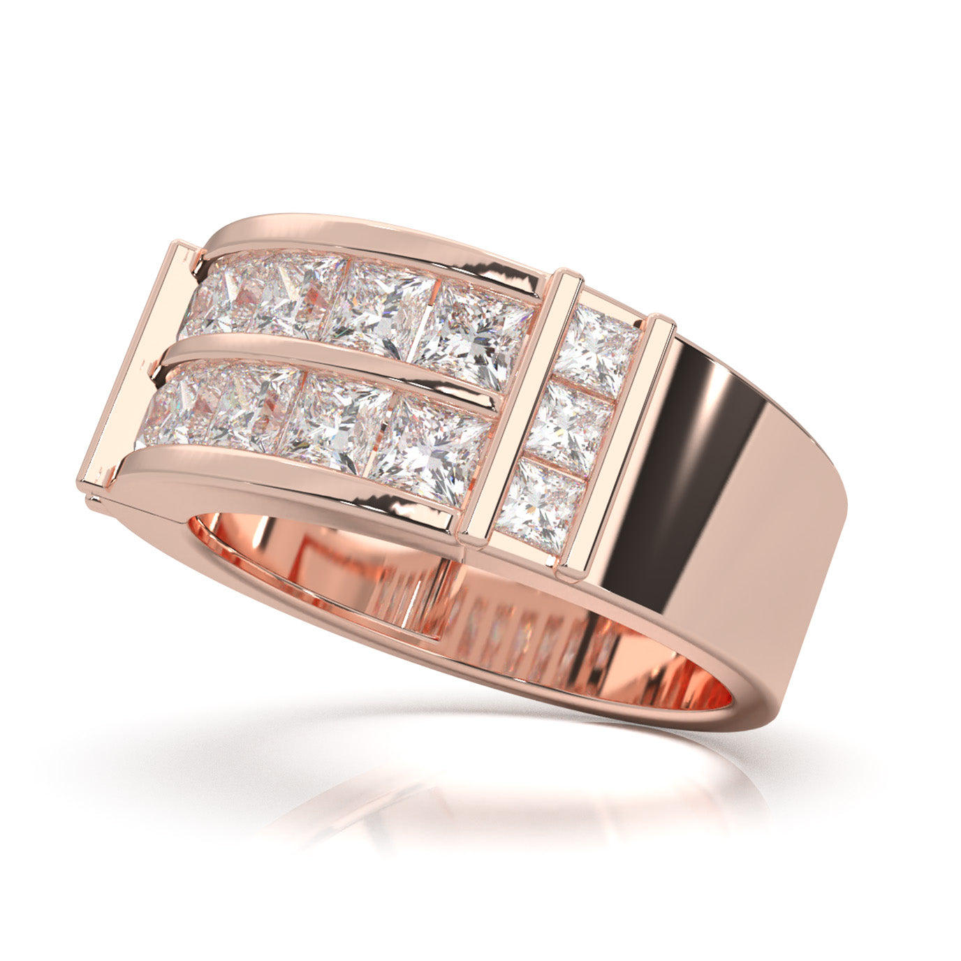 2.70 ct Moissanite Dual Row Princess Cut Mens Wedding Band in 10k Rose Gold