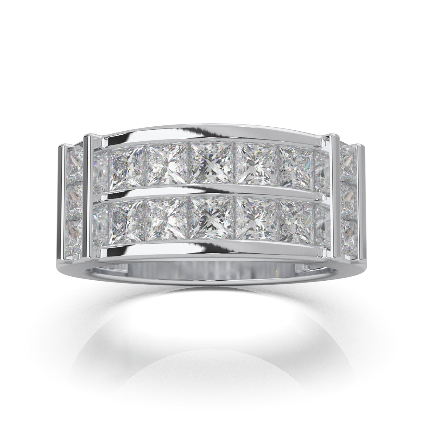 2.70 ct Moissanite Dual Row Princess Cut Mens Wedding Band in 14k White Gold