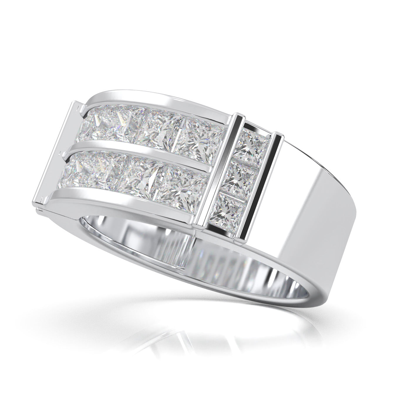 2.70 ct Moissanite Dual Row Princess Cut Mens Wedding Band in 14k White Gold