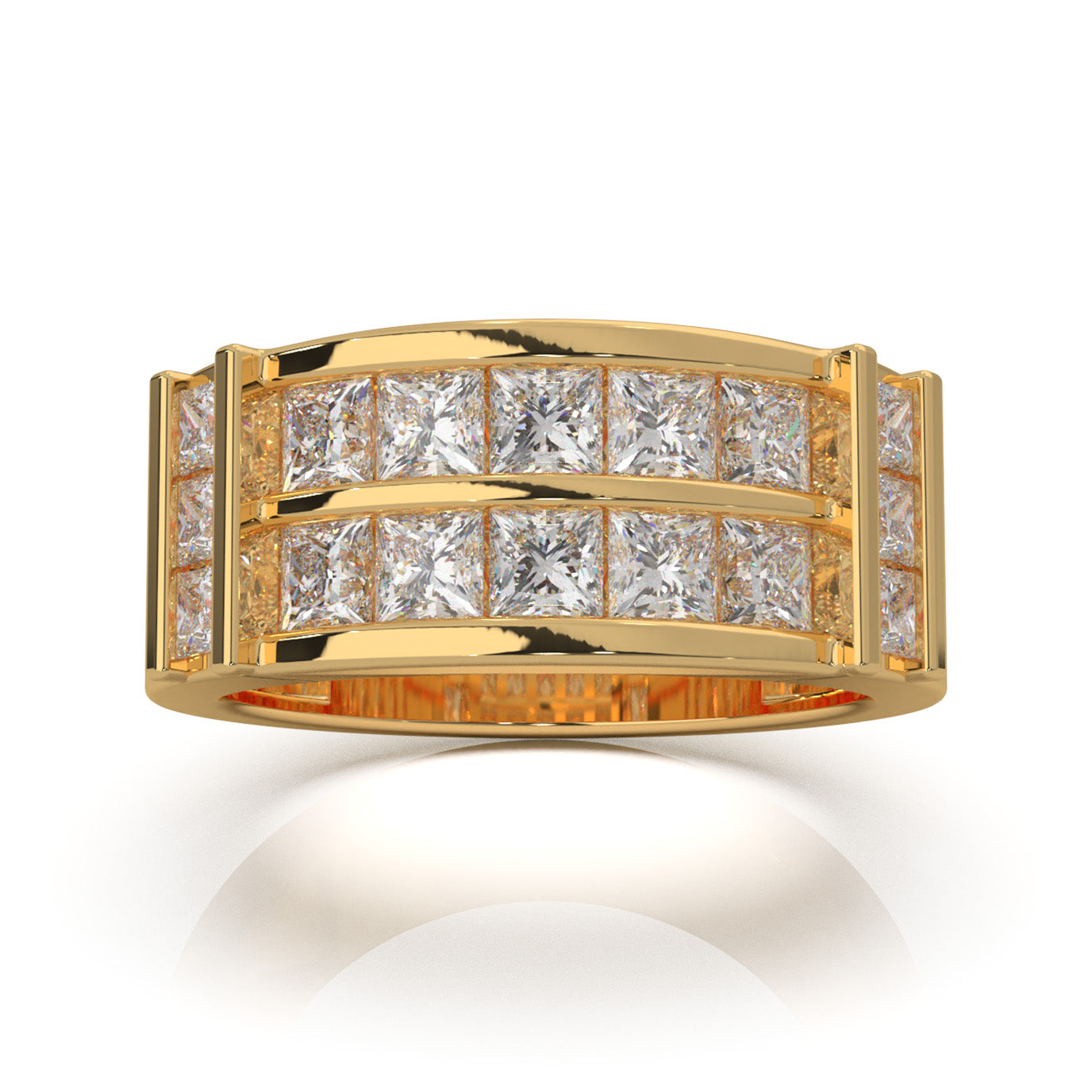 2.70 ct Moissanite Dual Row Princess Cut Mens Wedding Band in 14k Yellow Gold
