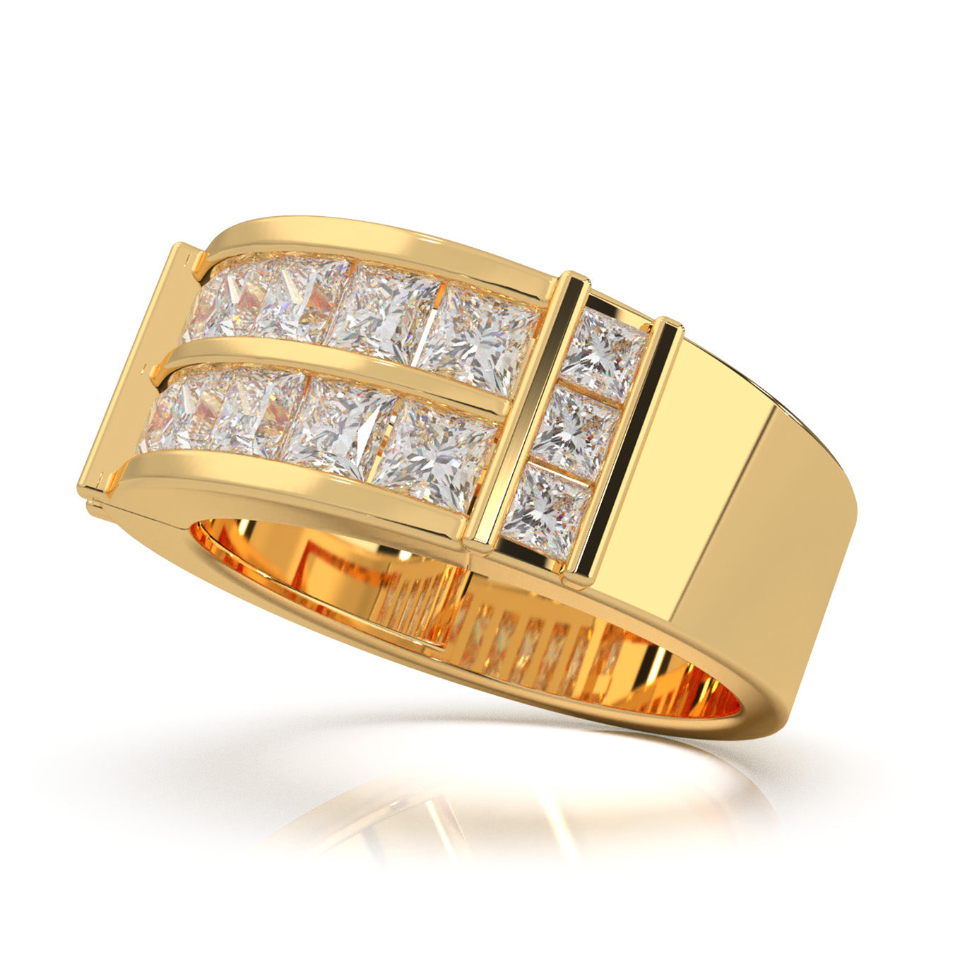 2.70 ct Moissanite Dual Row Princess Cut Mens Wedding Band in 10k Yellow Gold