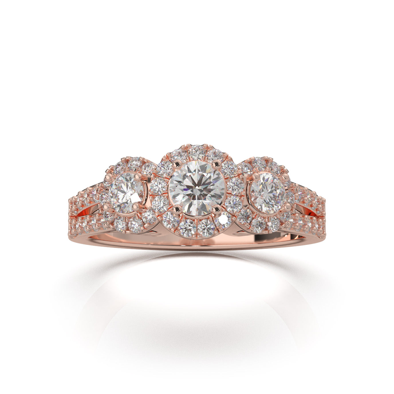 1.10 ct Moissanite 3 Stone Halo Engagement Ring in 10k Rose Gold