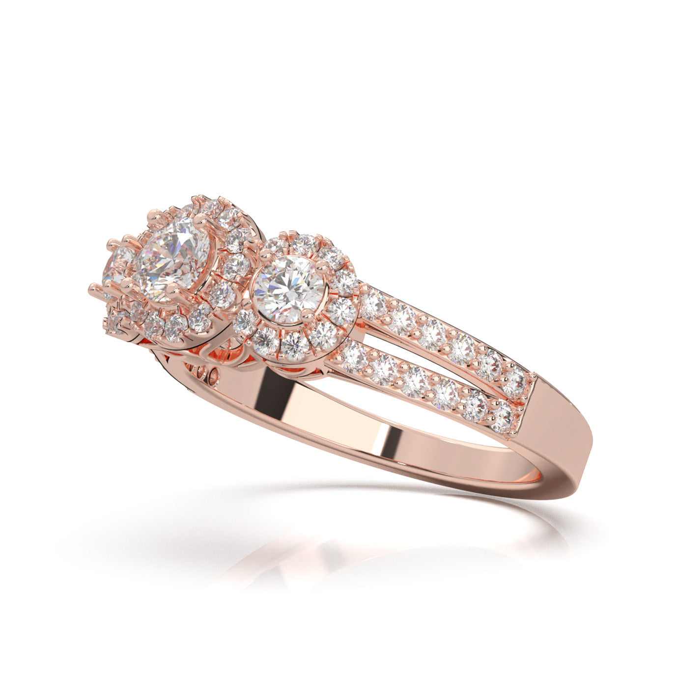 1.10 ct Moissanite 3 Stone Halo Engagement Ring in 10k Rose Gold