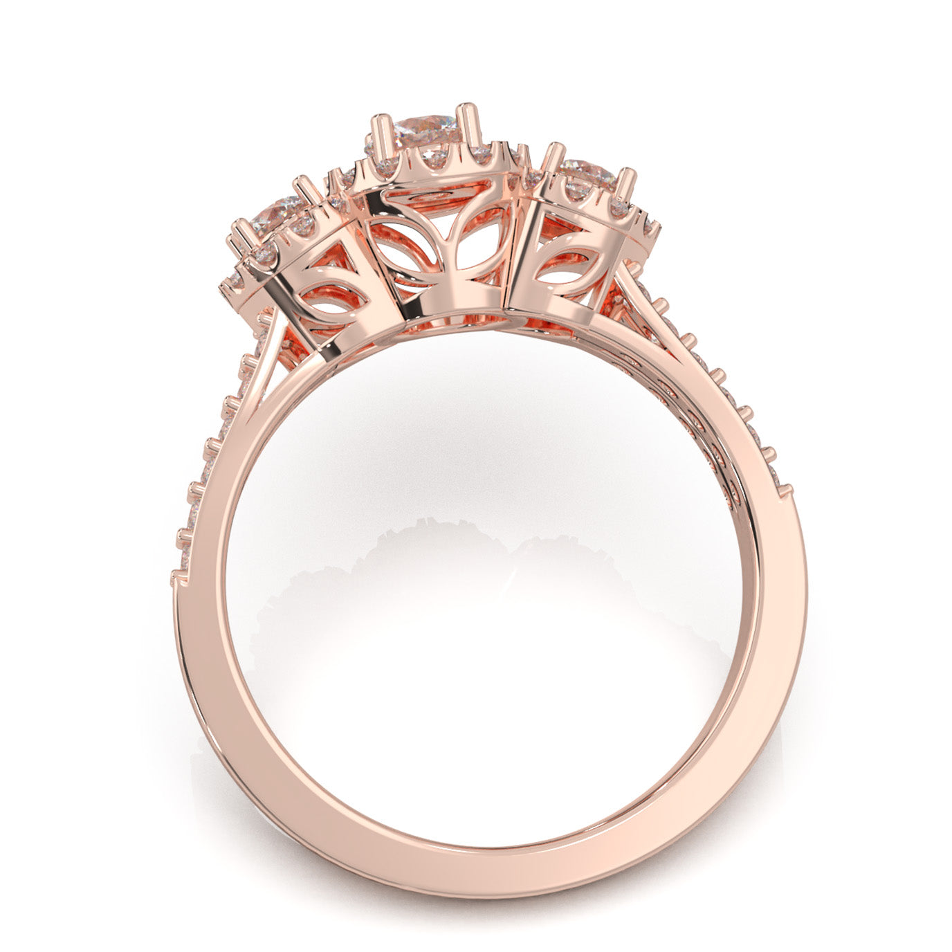 1.10 ct Lab Grown Diamond 3 Stone Halo Engagement Ring in 14k Rose Gold