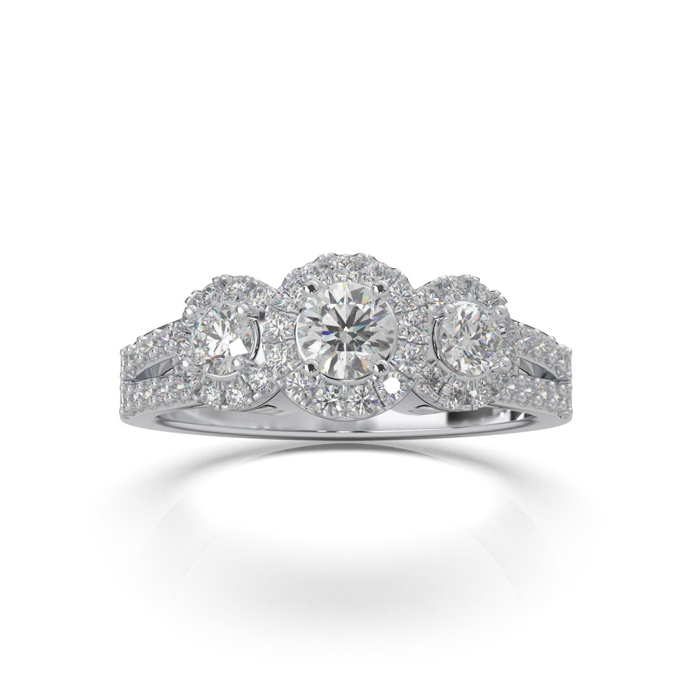 1.10 ct Moissanite 3 Stone Halo Engagement Ring in 14k White Gold