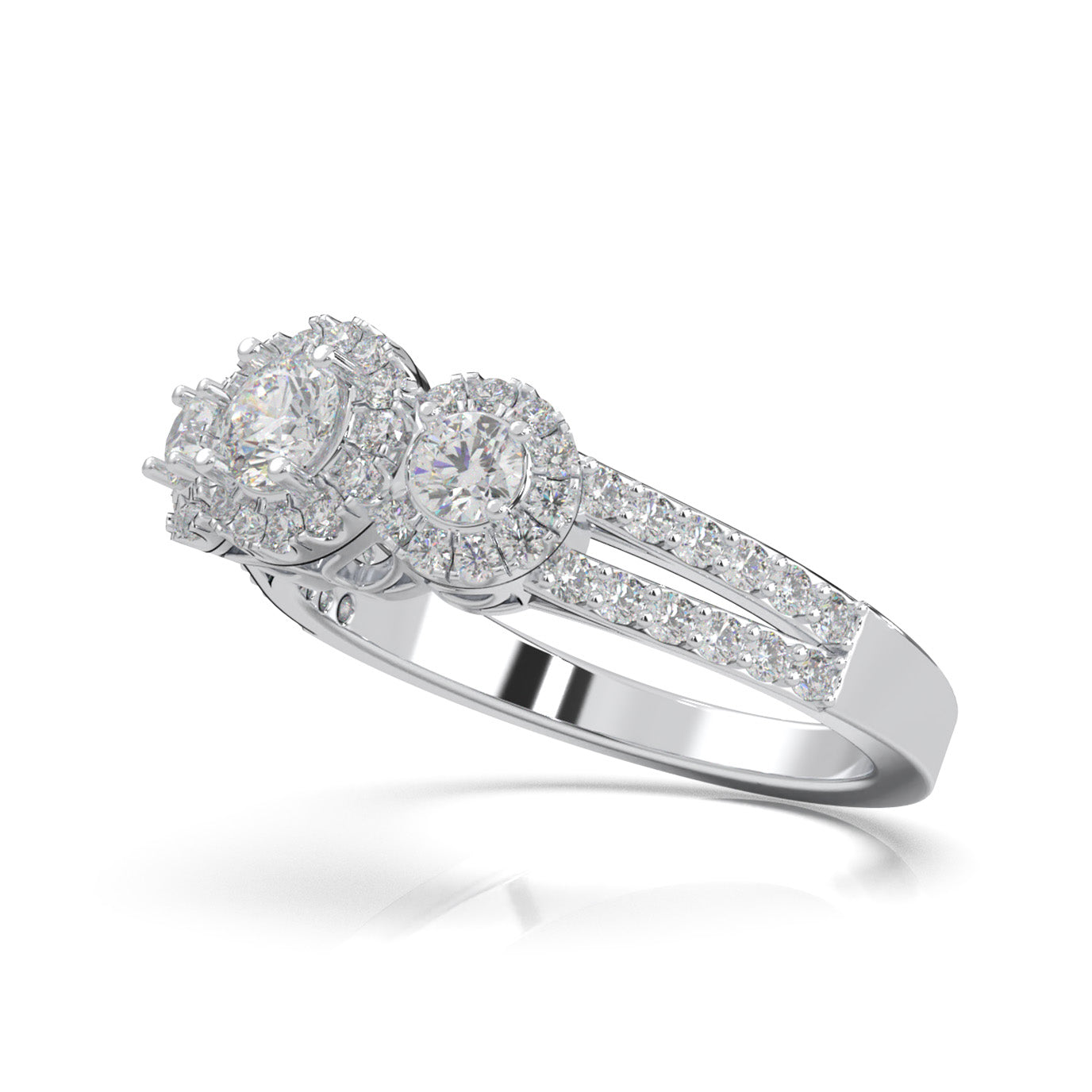 1.10 ct Lab Grown Diamond 3 Stone Halo Engagement Ring in 14k White Gold