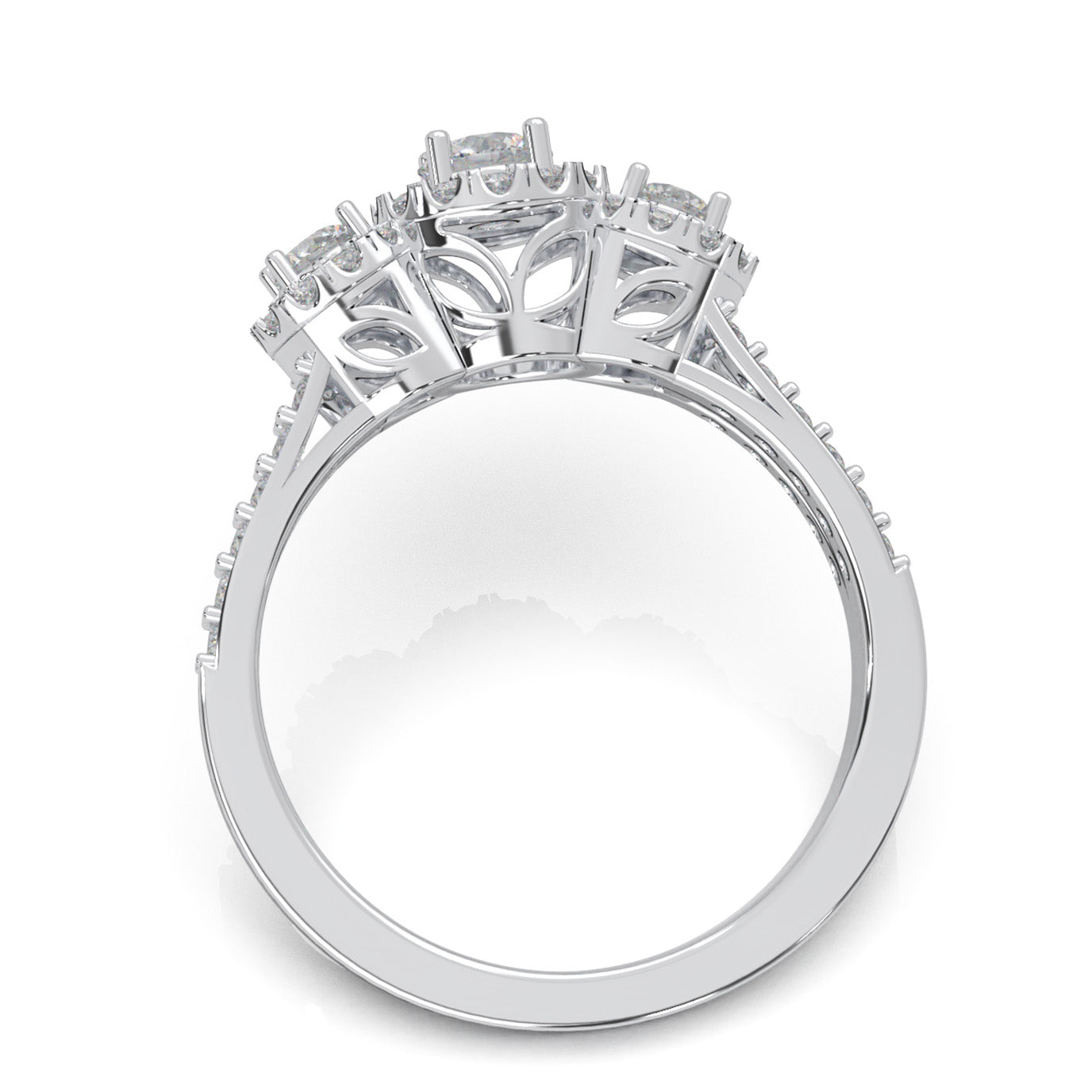 1.10 ct Moissanite 3 Stone Halo Engagement Ring in 14k White Gold