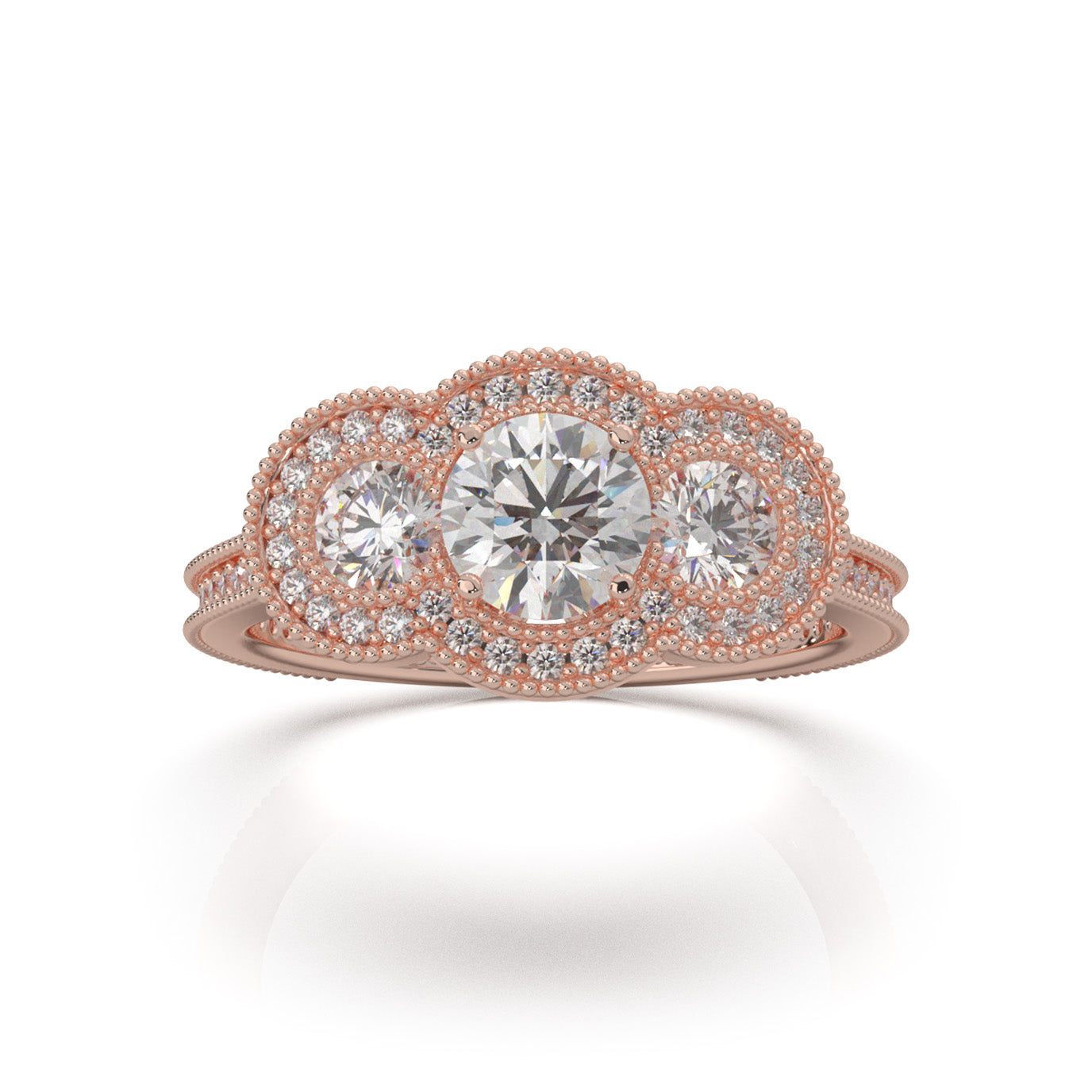 1.70 ct Moissanite Round Cut 3 Stone Halo Engagement Ring in 10k Rose Gold