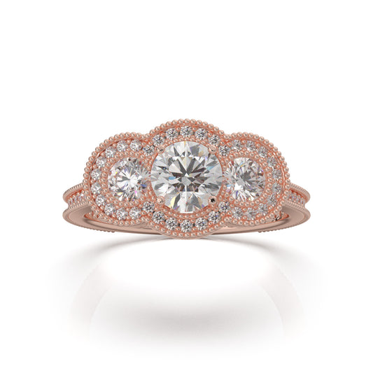 1.70 ct Natural Diamond Round Cut 3 Stone Halo Engagement Ring in 10k Rose Gold