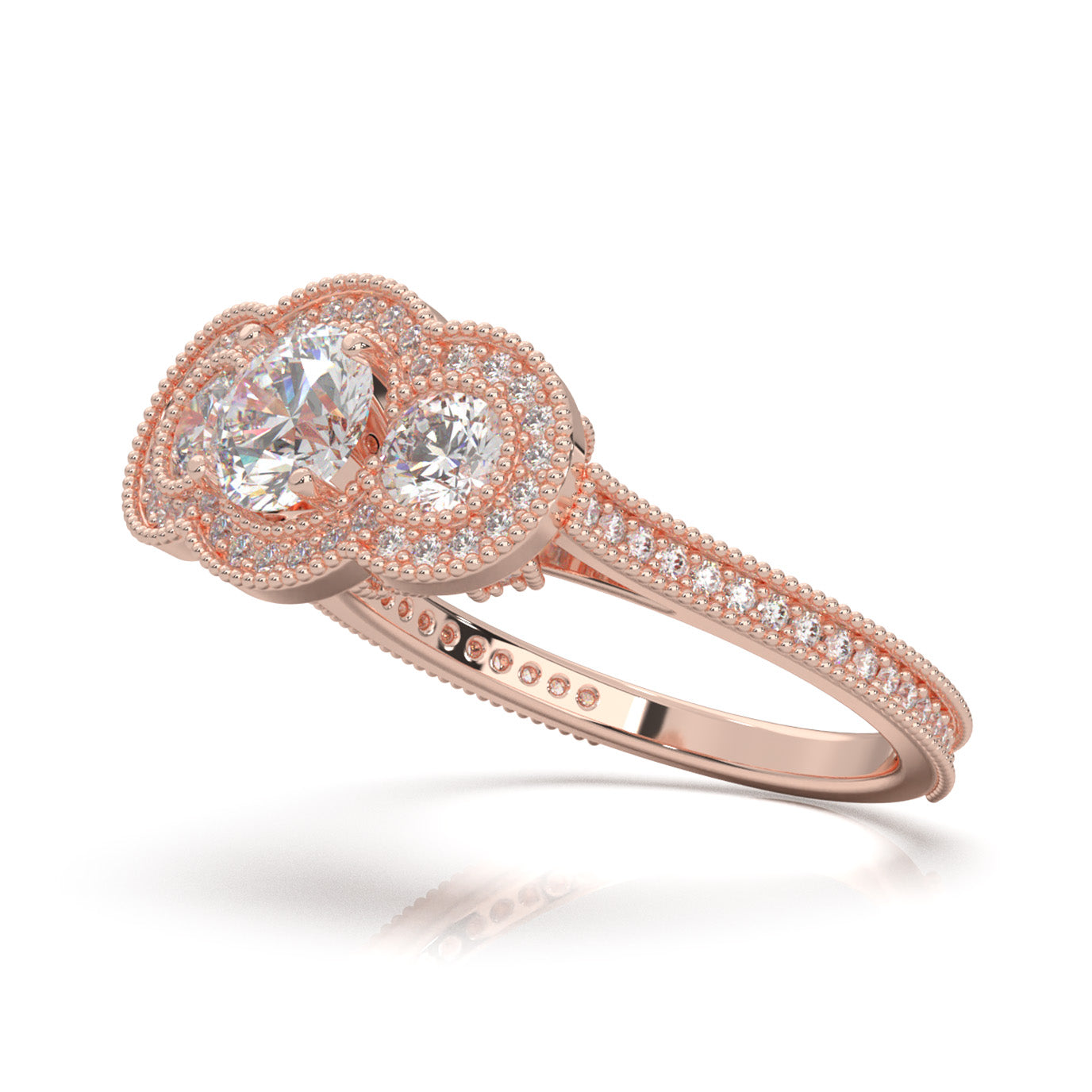 1.70 ct Moissanite Round Cut 3 Stone Halo Engagement Ring in 14k Rose Gold