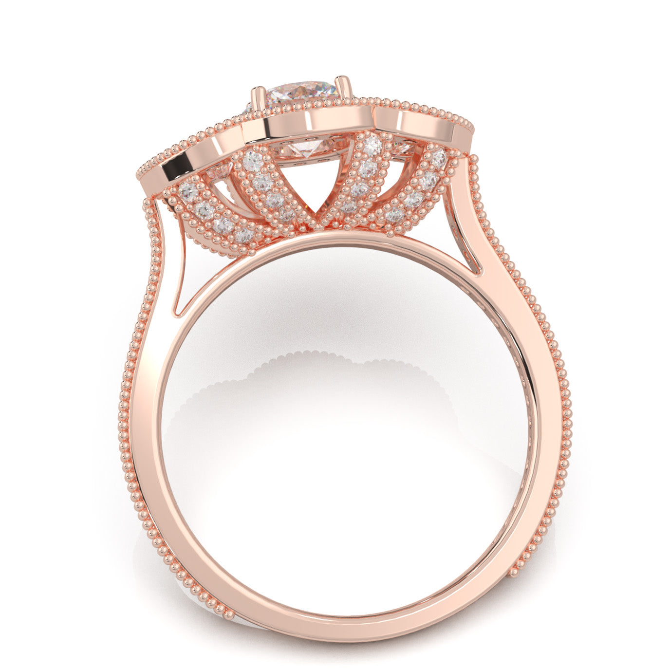 1.70 ct Moissanite Round Cut 3 Stone Halo Engagement Ring in 14k Rose Gold
