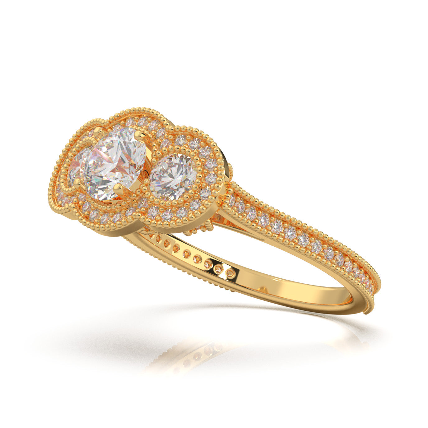 1.70 ct Moissanite Round Cut 3 Stone Halo Engagement Ring in 14k Yellow Gold