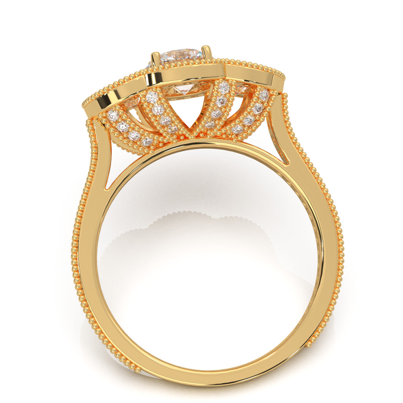 1.70 ct Moissanite Round Cut 3 Stone Halo Engagement Ring in 10k Yellow Gold
