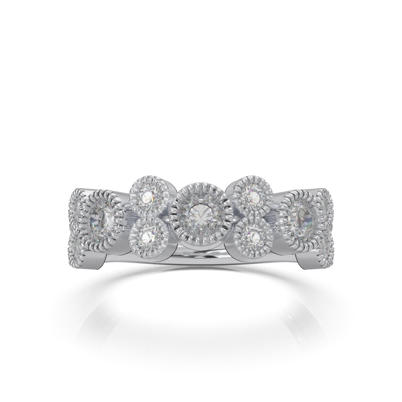 0.75 ct Moissanite Round Cut Bezel Alternating Wedding Band in 10k White Gold
