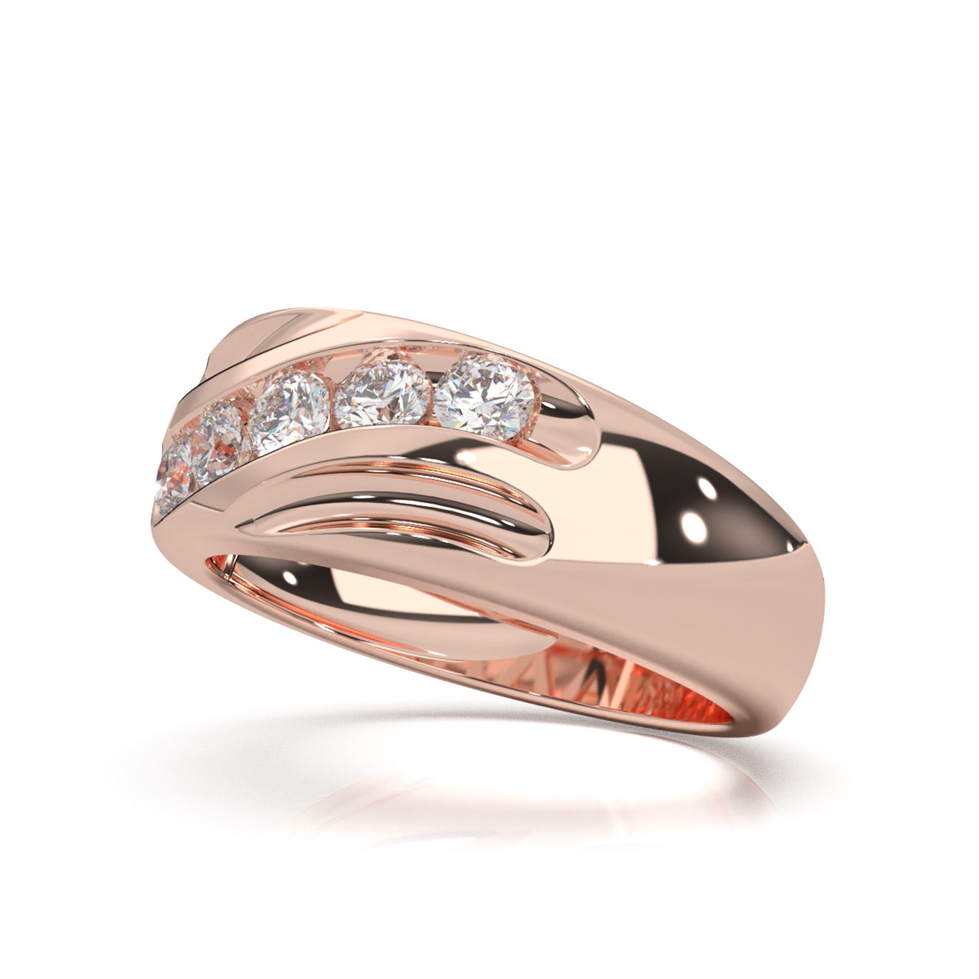 0.60 ct Moissanite Round Cut 5 Stone Twisted Mens Wedding Band in 14k Rose Gold