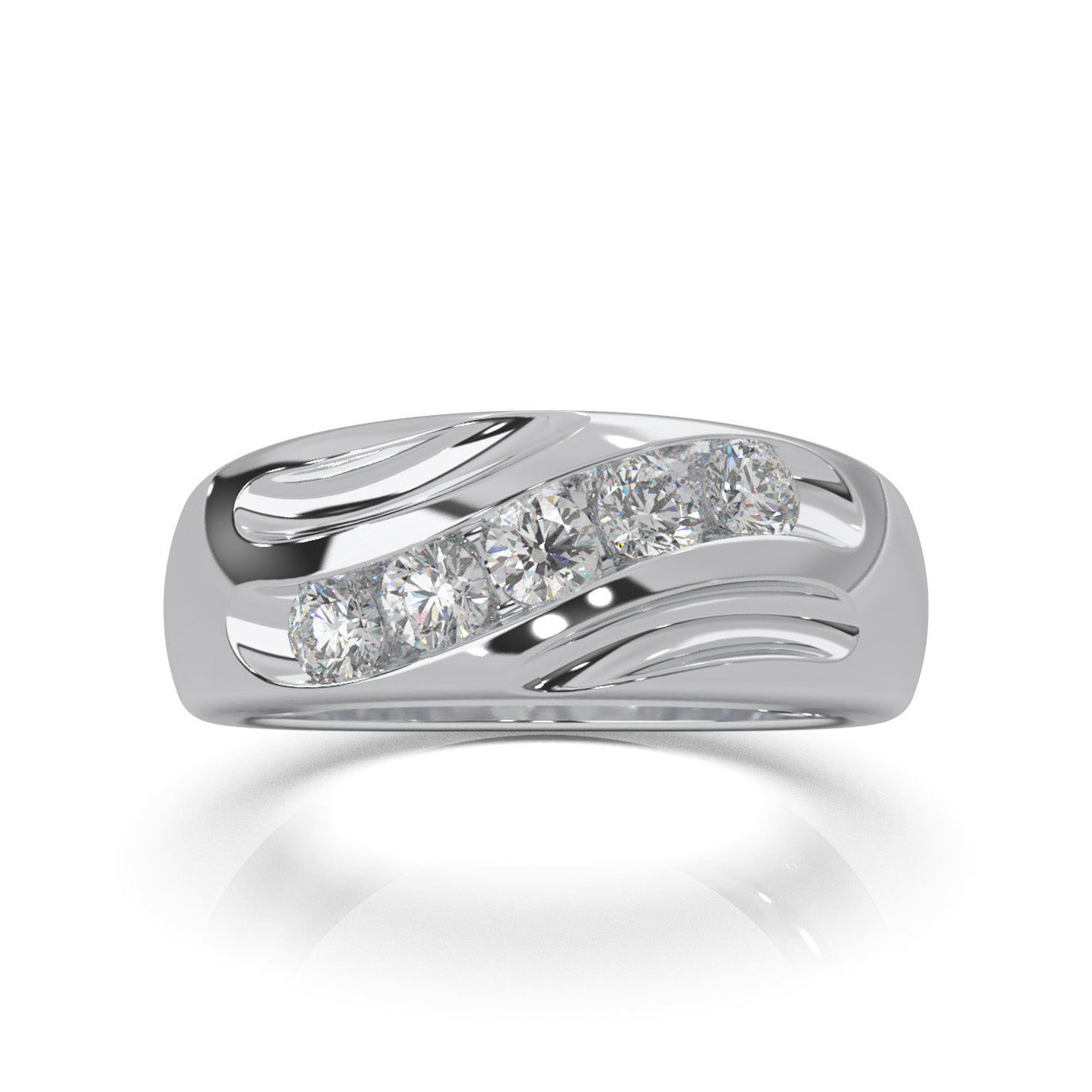 0.60 ct Moissanite Round Cut 5 Stone Twisted Mens Wedding Band in 14k White Gold
