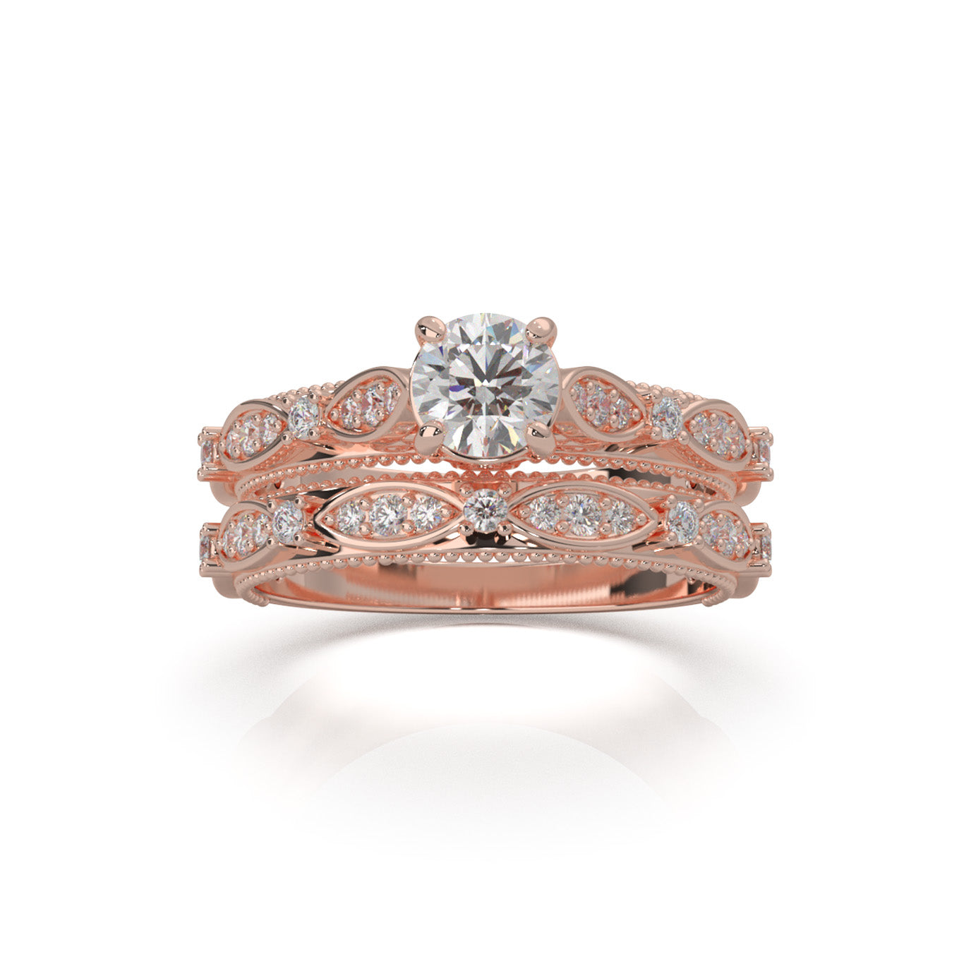 1.10 ct Moissanite Round Cut Vinage Styled Engagement Set in 14k Rose Gold