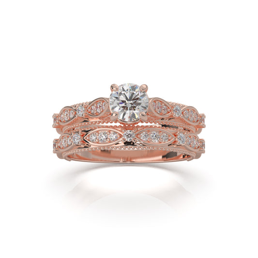 1.10 ct Moissanite Round Cut Vinage Styled Engagement Set in 14k Rose Gold